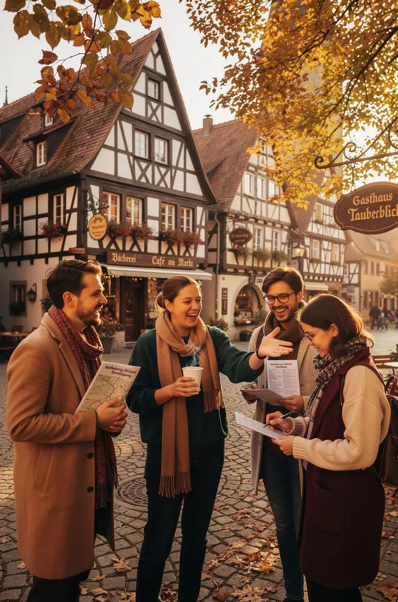 Gruppe von Touristen folgt einem Guide entlang einer Route, vorbei an historischen Kirchen und Denkmälern.
